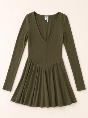 TWIK by Simone VISION Dark Olive V-Neck Long Sleeve Flared Skater-style Dress